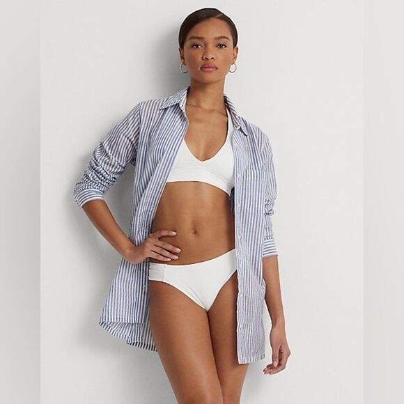 LAUREN Ralph Camp Shirt swim cover up Striped Cotton Button Down Top Blue MD - Picture 9 of 14